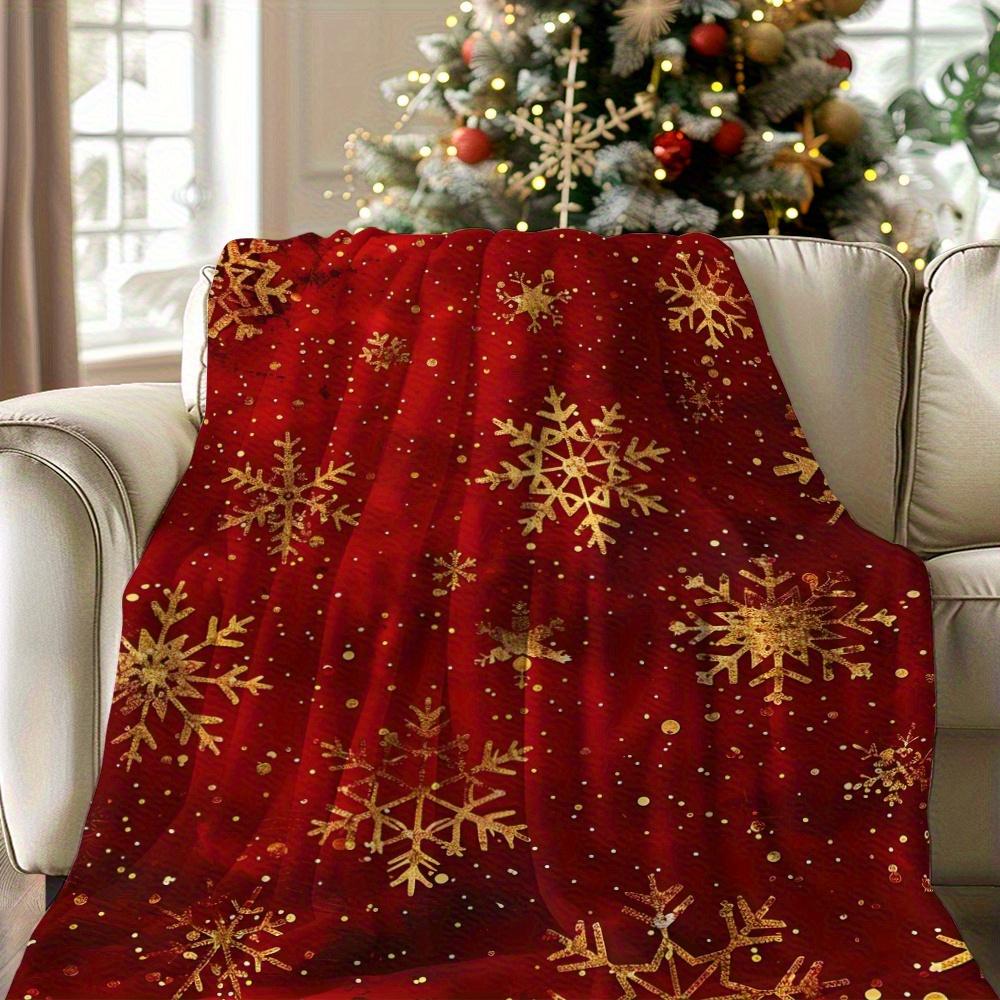 1pc Red & Golden Snowflake Print Flannel Blanket Soft Warm All-Season Luxury Throw for Couch Bed Travel Elegant Winter Design