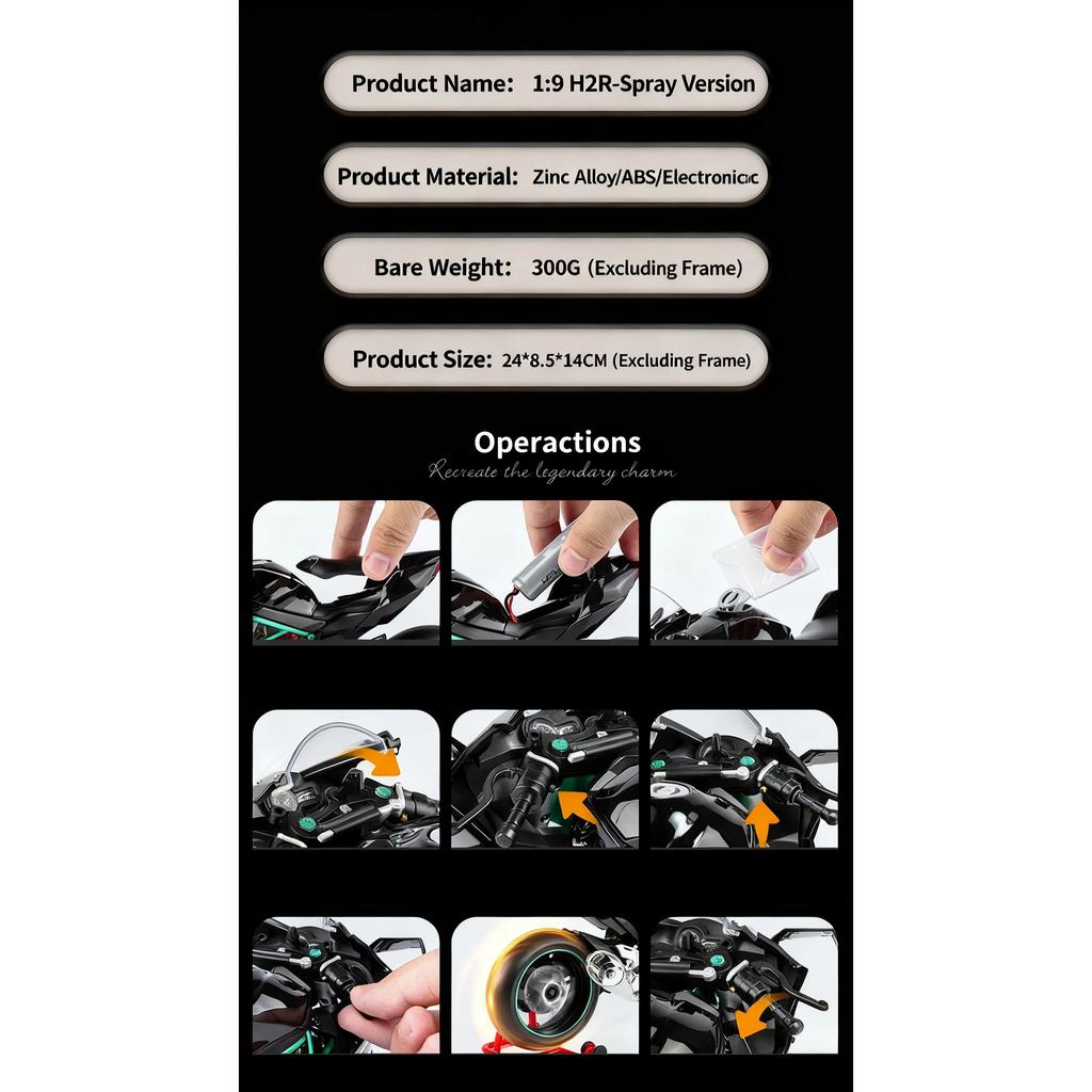 1/9 Kawasaki Ninja H2R with Spray Alloy Motorcycle Model Toy Vehicle Collection Sound and Light Off Road Autocycle Toys Car
