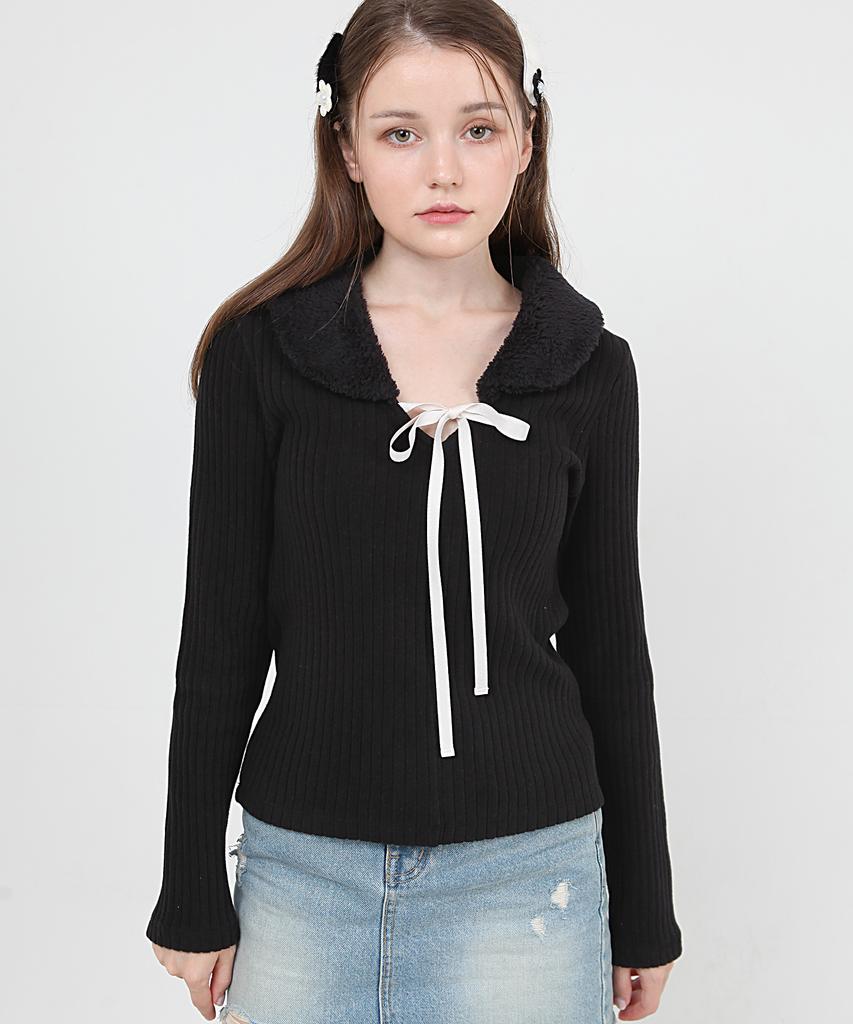 CATTLINE Fur Collar Knit T-Shirt (Black)