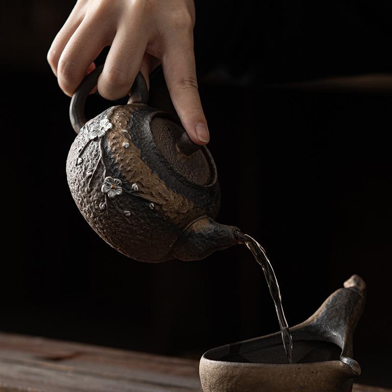 250ml Coarse Pottery Teapot Handmade Silver-Plated Tea Brewer Japanese Style Ceramic Kung Fu Tea Set Small Single Pot