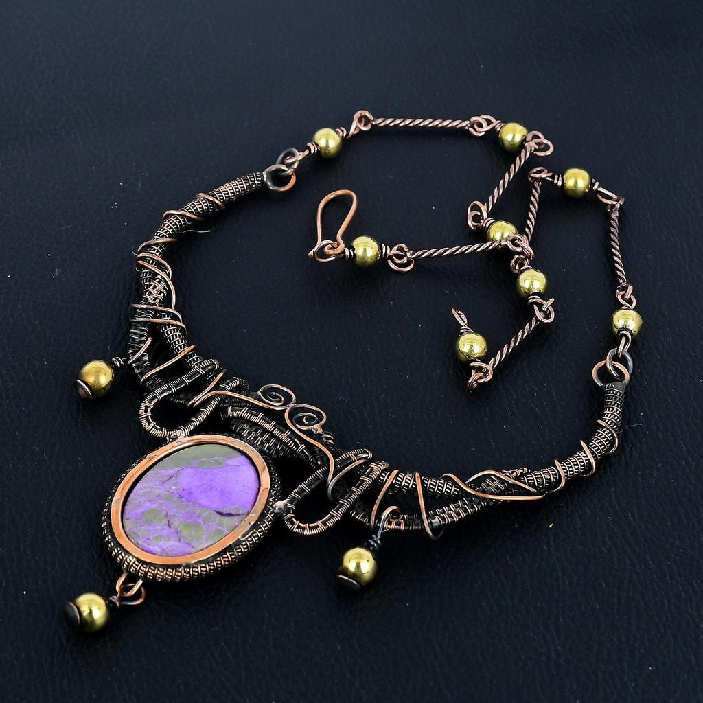 Purpurite, 999 Copper Wire Wrapped Necklace with Adjustable Chain, Handmade Gemstone Jewelry Necklace For Memorial Day
