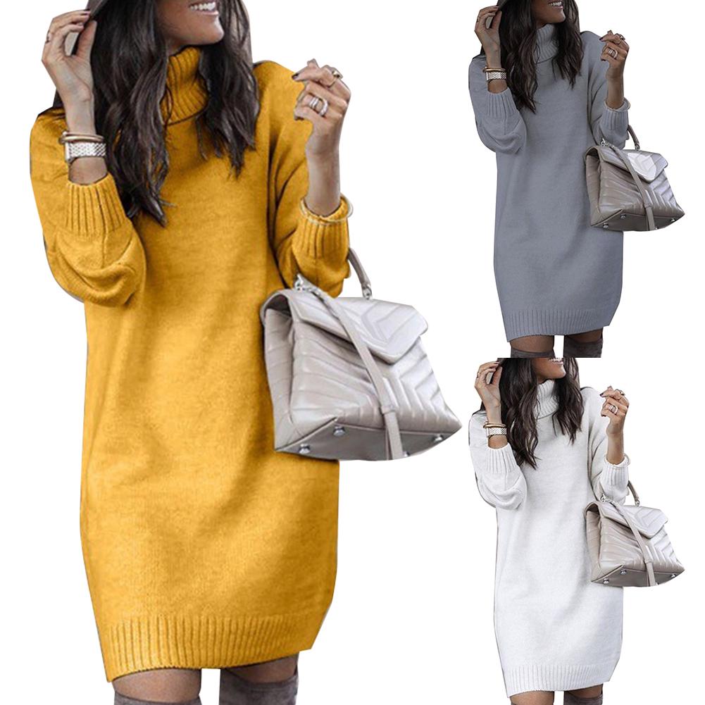 Women Winter Loose Dress Knee-length Dress Women Long Sleeve Autumn Turtleneck Warm Knitted Sweater Knee-length Dress