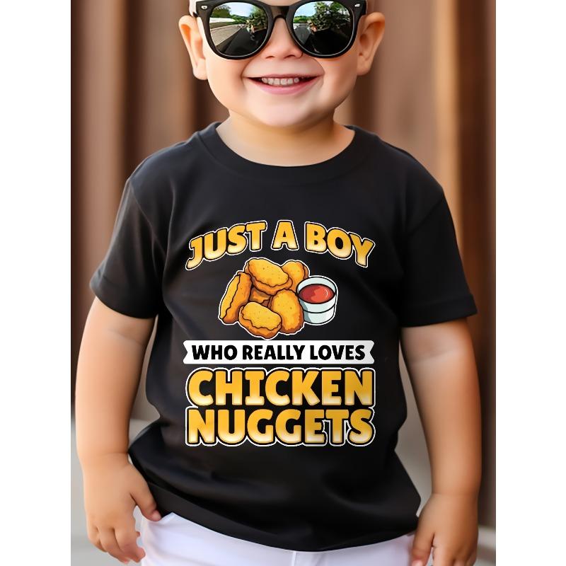 

European sizes Children Boys T-shirt, Just A Boy Who Really Loves Chicken Nuggets Letter Print And Chicken Nugget Pattern Print Are Soft Comfortable 164cm чорний