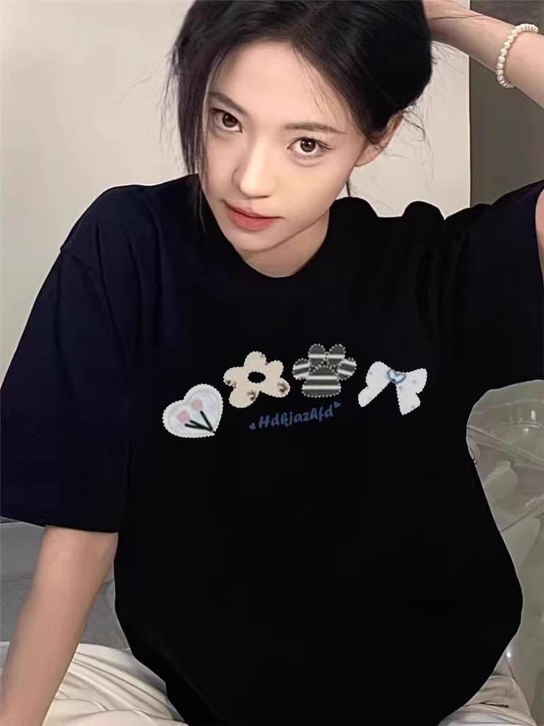 Women's Pure Cotton Short Sleeve T-Shirt - 2025 Summer Style with Straight Shoulder Design, Loose Half Sleeve, Niche American Fashion