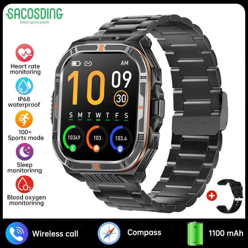 New 1100mAh Battery Outdoor Ultra Durable Men Smartwatch Flashlight Heart Rate Bluetooth Call IP68 Waterproof Sports Smart Watch