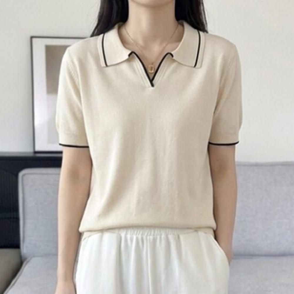 Navava Women Basic Line Color Collar ShorT Sleeve KniT T Nk3698