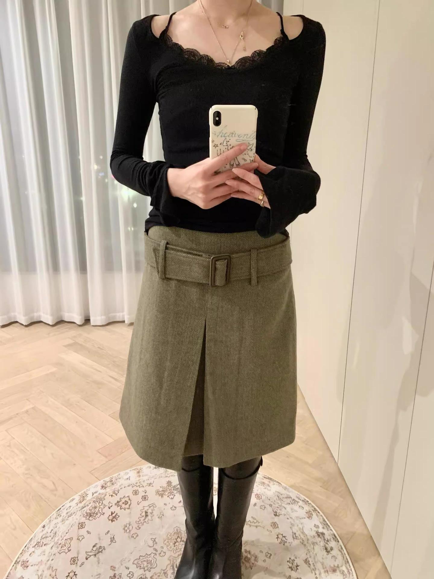 French Retro Olive Green Herringbone Woolen Mid-Length Skirt - Women s Versatile High-Quality Autumn/Winter L