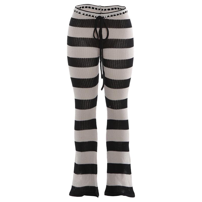 

2026 Autumn/Winter Striped Color Block Knit Slim-Fit Pants for Women Large чёрный