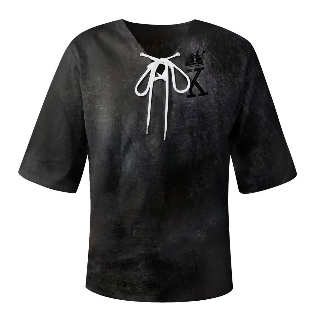 Camisas holgadas con estampado de cuello en V y lino de algodón de media manga corta para hombre
