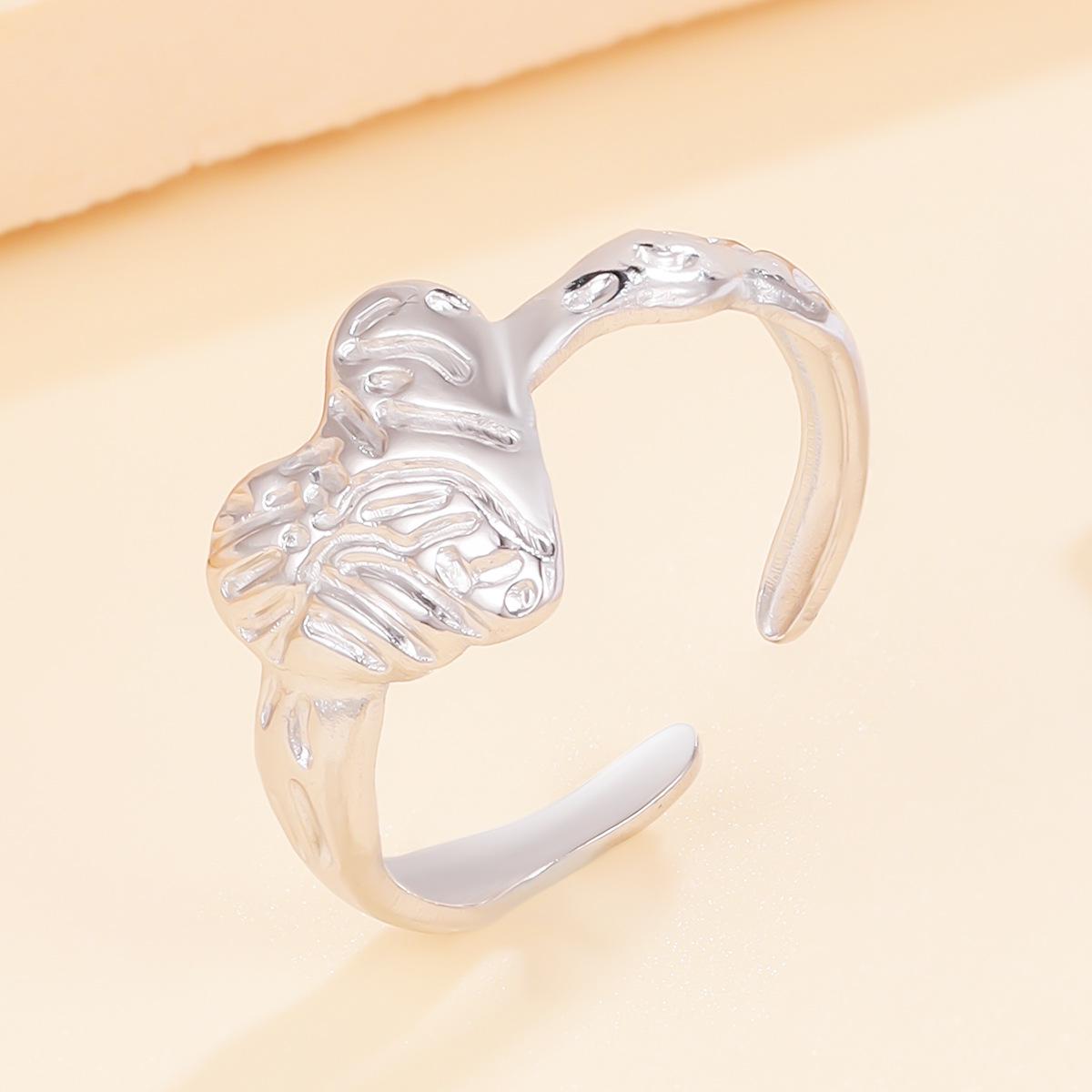 18K Gold Heart-Shaped Open Stainless Steel Ring with Irregular Texture