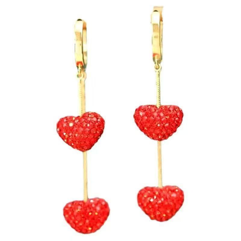 Luxury Full Rhinestone Heart Fringed Earrings for Women Sweet Cute Red Ball Tassel Long Earrings Girls Daily Party Jewelry Gift