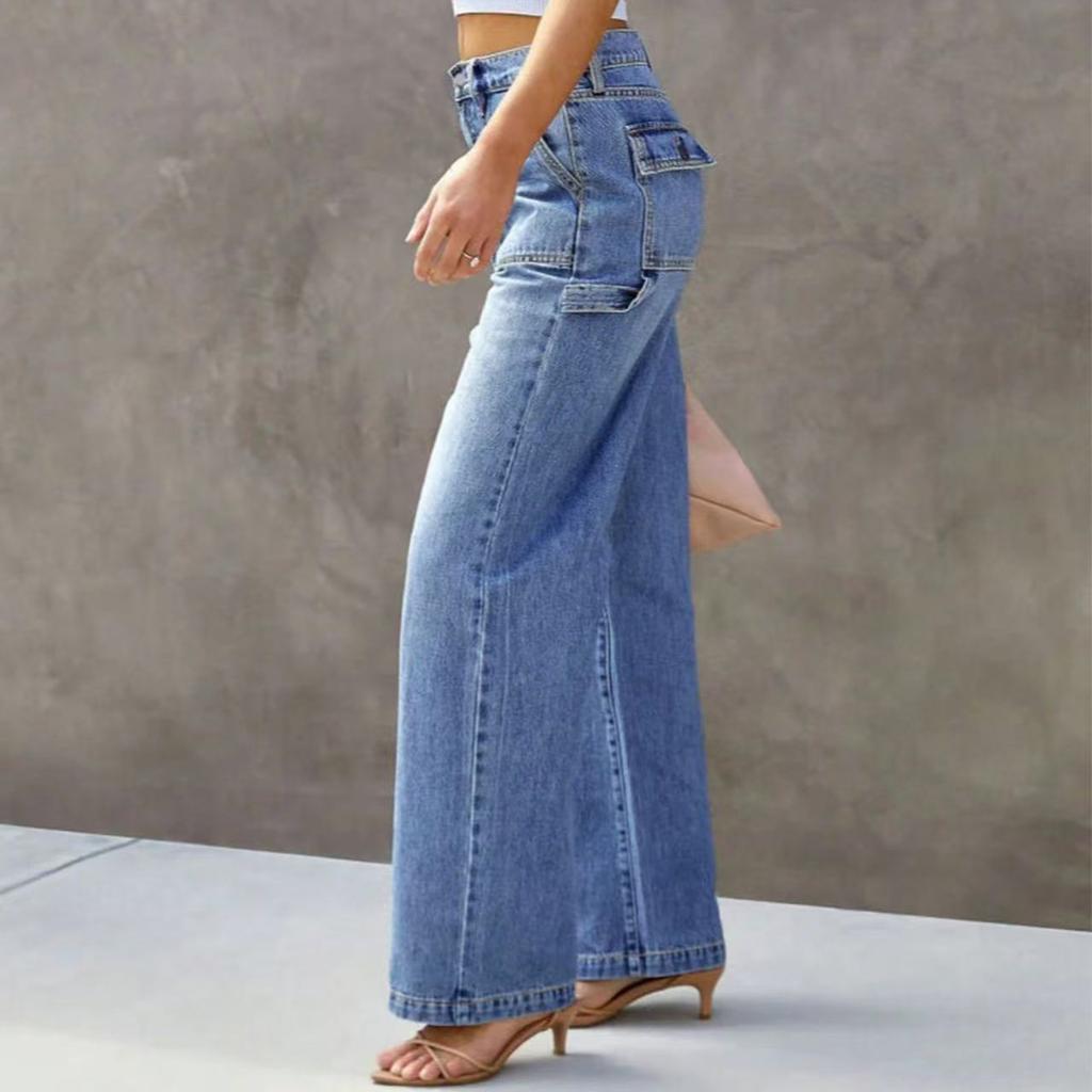 Women's Mid- Stretch Jeans Fashion Straight Leg Denim Pants With Pockets