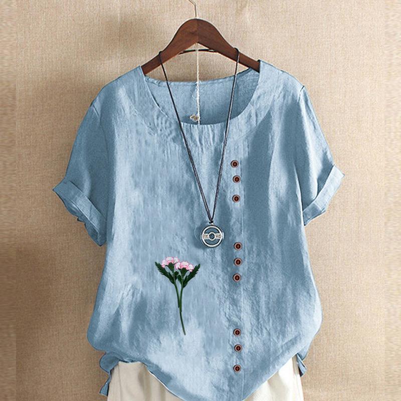 Women's Fashion Flowers Prined Round Neck Short Sleeve T-shirt Casual Cotton Linen Graphic Shirt Leisure Loose Summer Blouse Tops