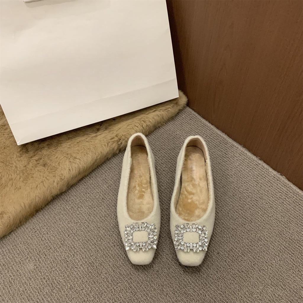 Inner heightening fluffy shoes Rhinestone buckle fleece warm Mary Jane shoes single shoes