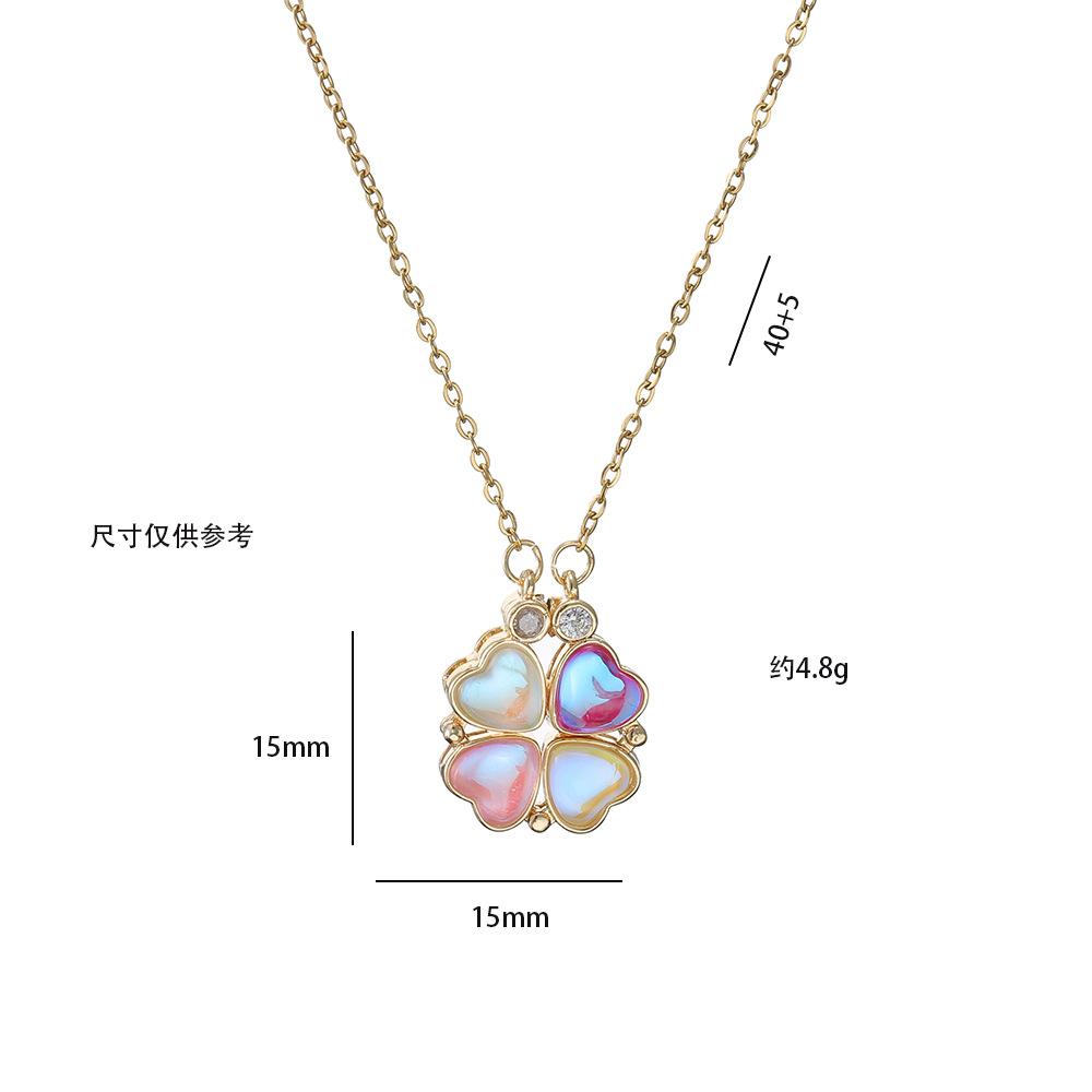 Women's Japanese Korean Folding Fashion Two-Wearing Four-Leaf Flower Heart-to-Heart Clavicle Necklace Zircon Copper Water-Wave