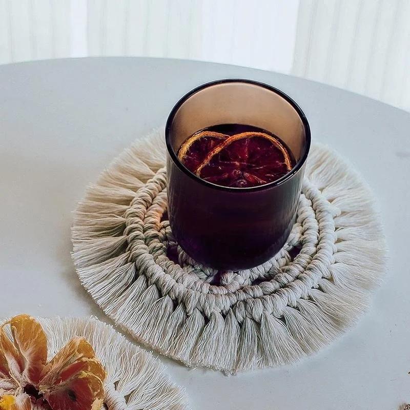 Table Decoration Handwoven Macrame Coasters Cotton Rope Braided Placemats Cup Pad Table Decor Heat Resistant Table Mat Cup