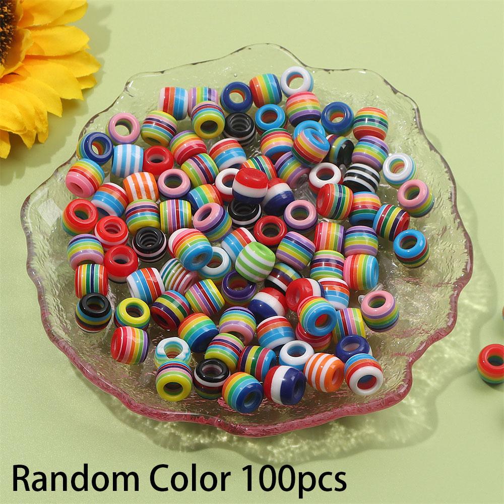 30/50/100pcs Rainbow striped European style large hole bead bucket drum resin sliding loose circular spacer beads, DIY snake chain bracelet