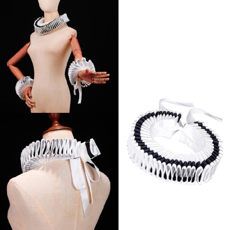 Renaissance Victorian Black Edging Ruffle False Collar and Wrist Cuffs Set Colonial Clown Choker Neck Collar Cuffs