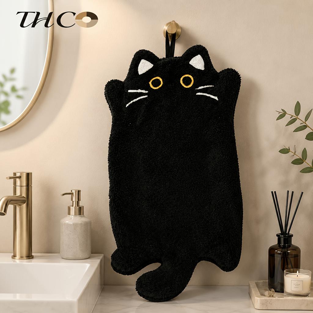 2Pcs And 1-Piece Wall-Mounted Black Cat Hand Towel, Kitchen Heat-Resistant Mat, Thickened Absorbent Coral Fleece Cleaning Cloth And Hand Towel