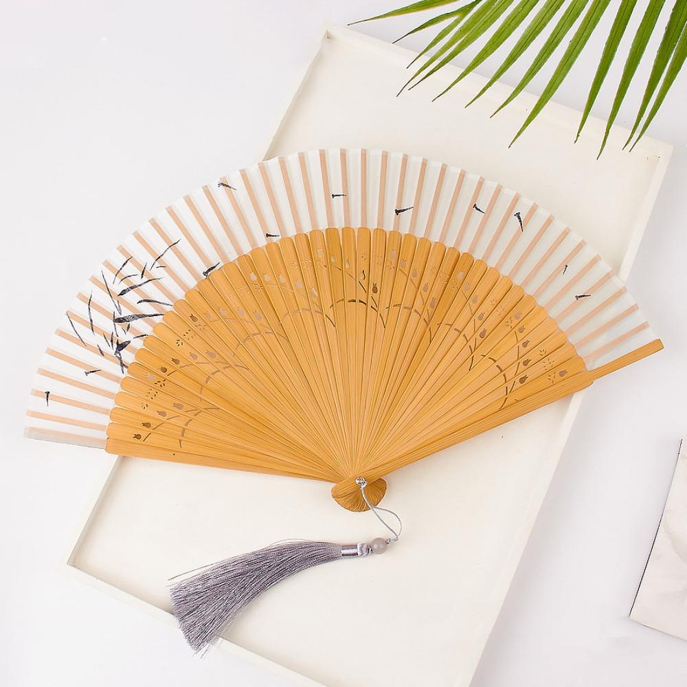 Elegant Carved Bamboo Folding Fan Flower Tassel Folding Fan Portable Handheld Fan  Wedding