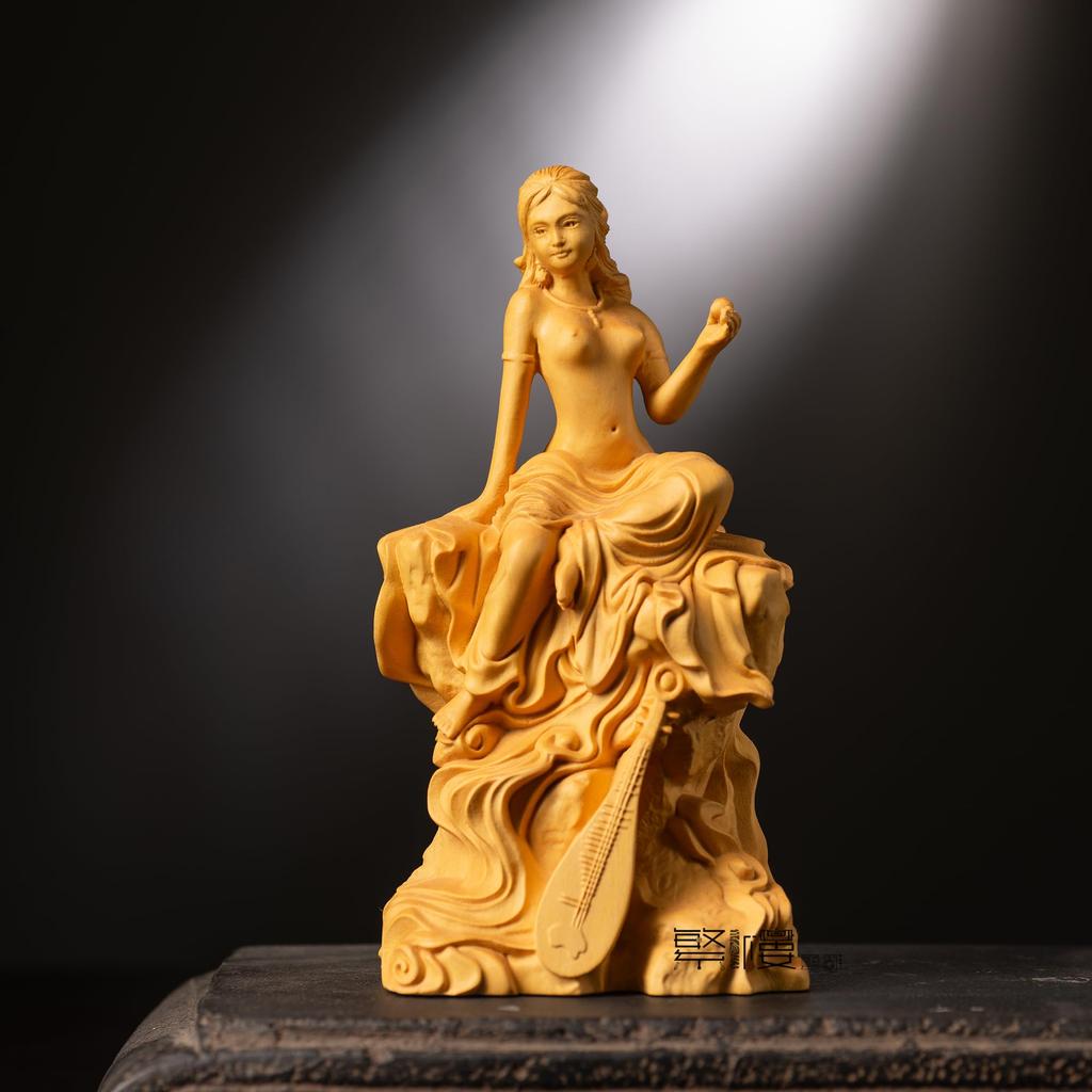 Hanro Art Seven Lucky Feng Wood Prosperous Good Good Warmth from High Quality Natural Boxwood 15cm x Width x Depth Sculpture, Benzaiten, Gods, Shui,