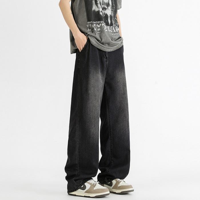 Summer thin loose Lyocell Tencel washed jeans men's cool drape wide-leg straight pants