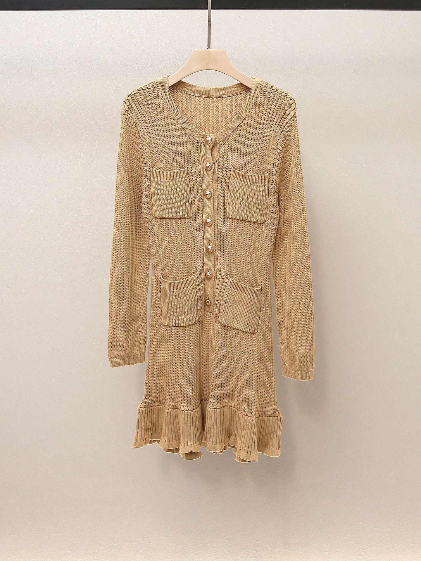 

Autumn French Slim-Fit Ruffle Knit Dress for Women Small хаки