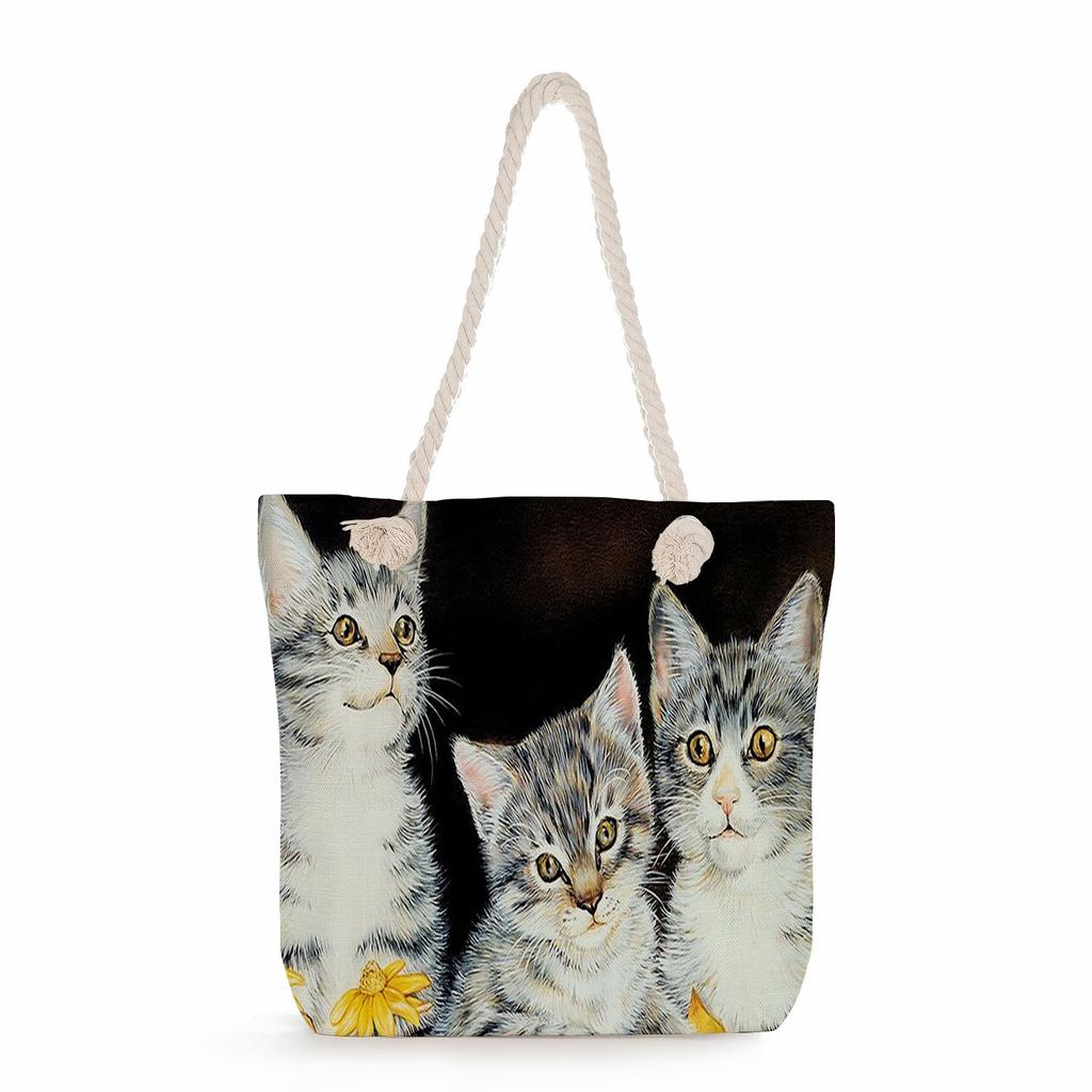 Cat print thick rope single-shoulder beach bag 7228