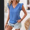 New Summer Tops Solid V-neck Flying Sleeve Casual Shirt Women Elegant Slim Fit Vintage Fashion Blouses Women Simple Blue Ladies Pullover Blouse 26544