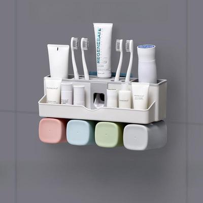 Nástěnný stojan na zubní kartáčky bez děrování s automatickým dávkovačem zubní pasty a kelímkem na ústní vodu