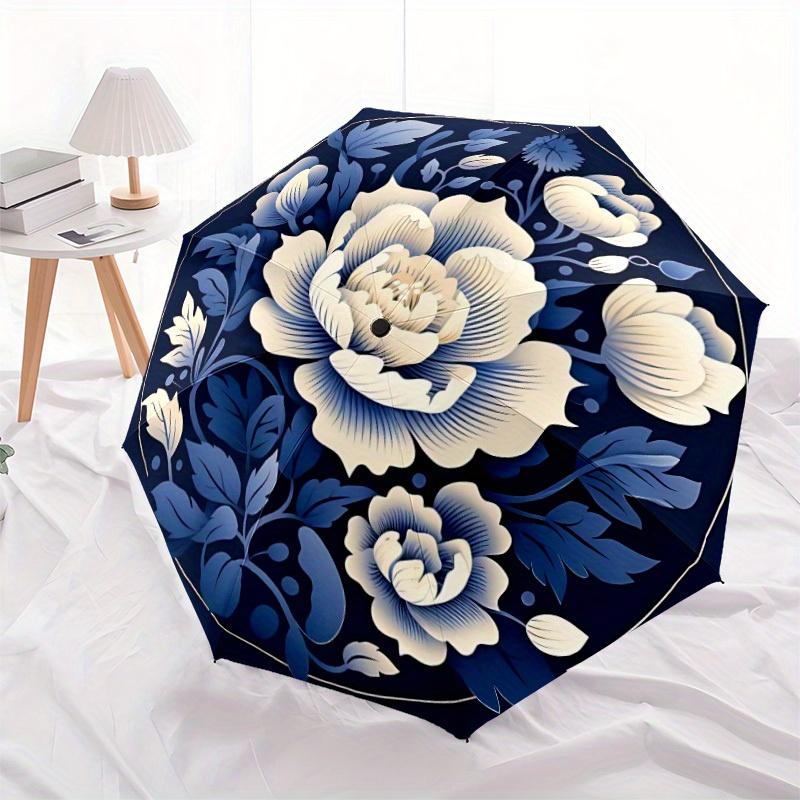 1pc Floral Blue Automatic Folding Umbrella, 8-Rib Sturdy Canopy, Portable Travel Umbrella for Outdoor Use