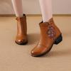 Autumn and winter ethnic leather Martin boots thick heel warm side zipper non-slip flower round head boots