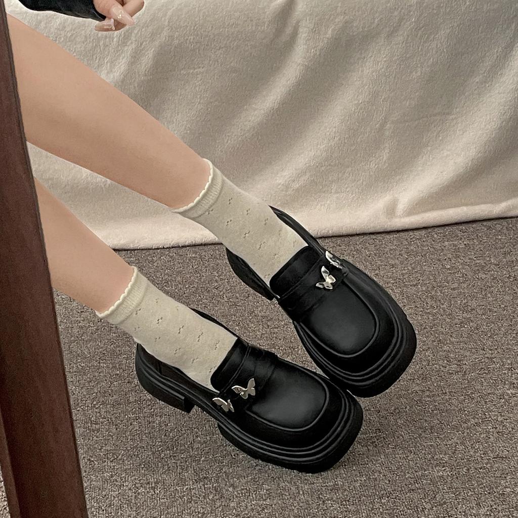 Black retro small man thick-soled heightening small leather shoes women's 2025 new summer British style with skirt loafers