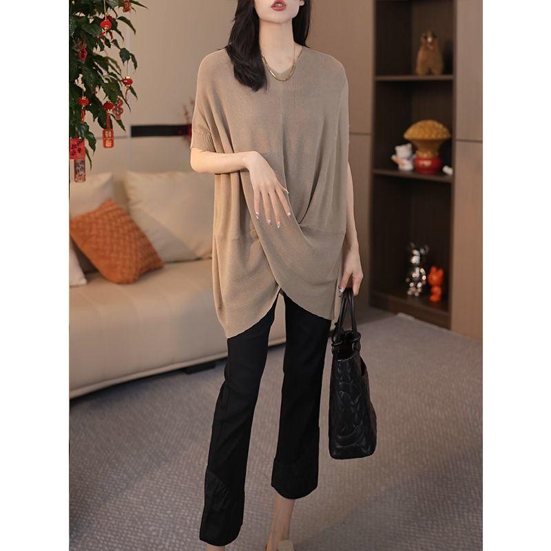 Dámské letní pletené topy s křížovým designem pro větší velikosti, dámské ležérní volné tričko s netopýřím rukávem