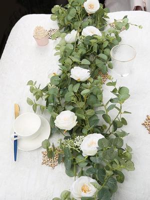 1.8M Artificial Eucalyptus with Camellia Garland Hanging Rattan for Wedding Arch Table Party Backdrop and Bedroom Decoration