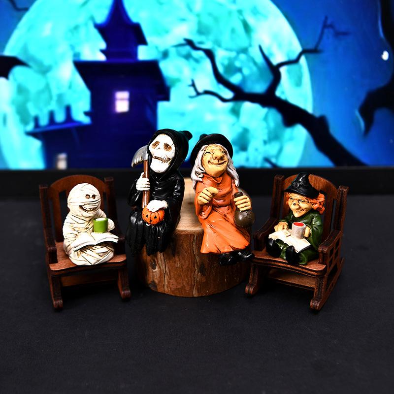 Halloween Witch Ghost Rocking Chair Cute Handmade Figurine Tabletop Ghost in Black Costume Resin Vehicle Figurine