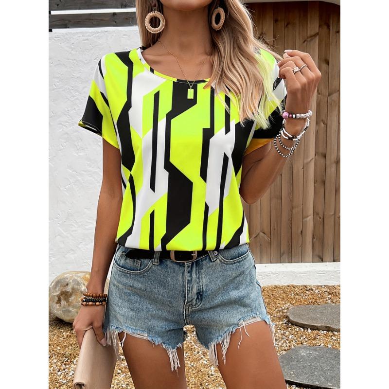 

Футболка женская летняя повседневная элегантная темпераментная круглая горловина короткий рукав геометрический узор топ свободная повседневная одежда женская футболка XS