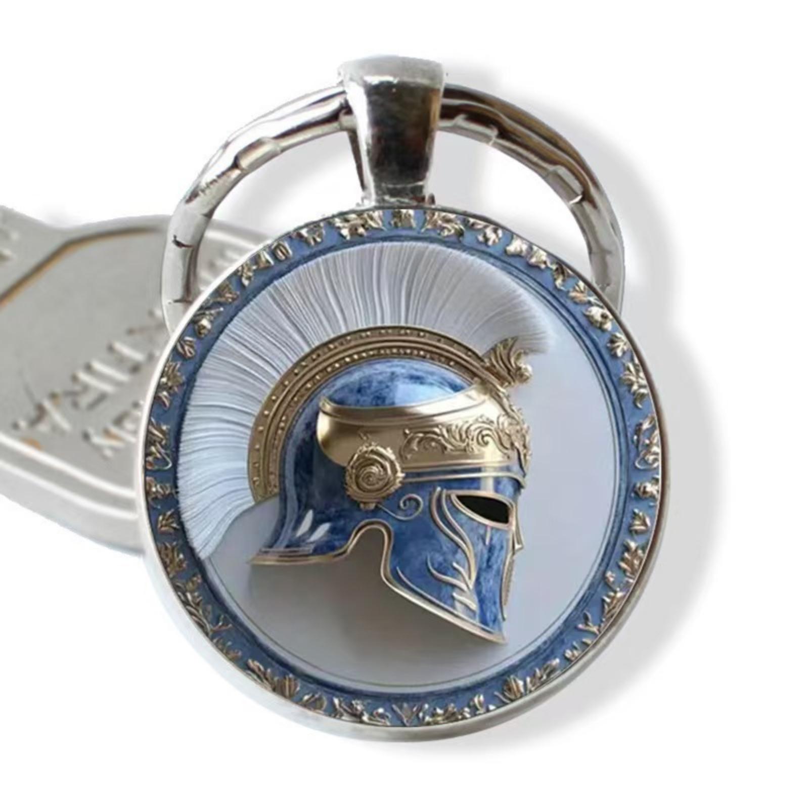 

Round Glass Alloy Pendant Keychain Featuring Detailed Ancient Warrior Helmet Design Durable Metal Key Ring Accessory for Everyday Use One Size