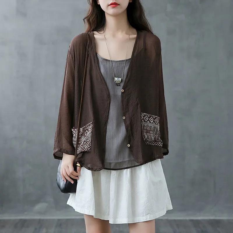 Sunscreen Shirt Women's Summer V-neck Loose Short Jacket Thin Cardigan Ice Silk Sunscreen Air-conditioning Shirt