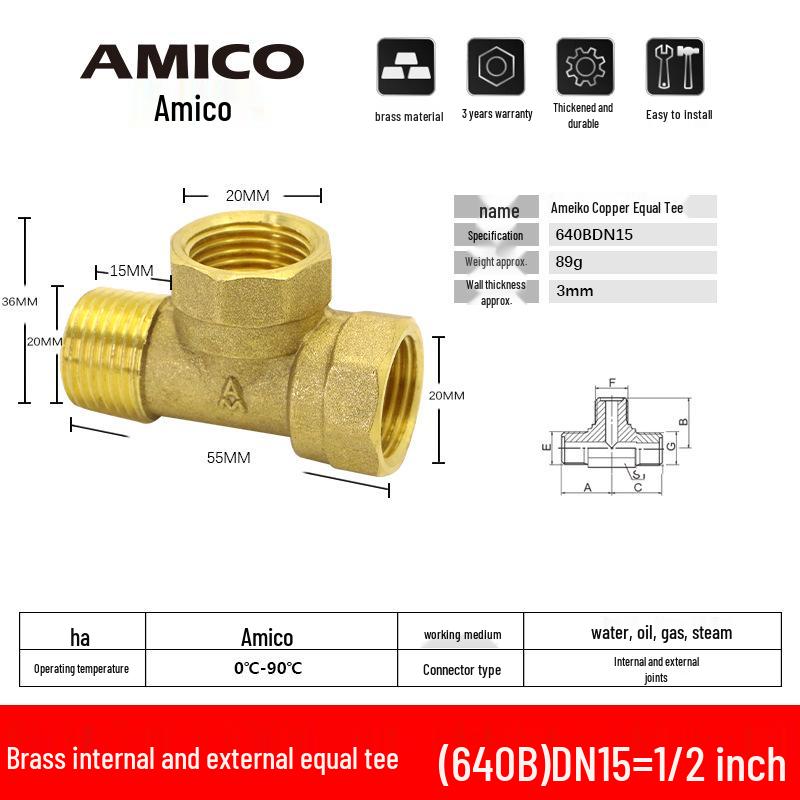 Echter Aimeco Messing 4-Punkt T-Verbinder mit gleichem Durchmesser für Wasserleitungen, verdickte Innen- und Außengewinde (Modell 640A)