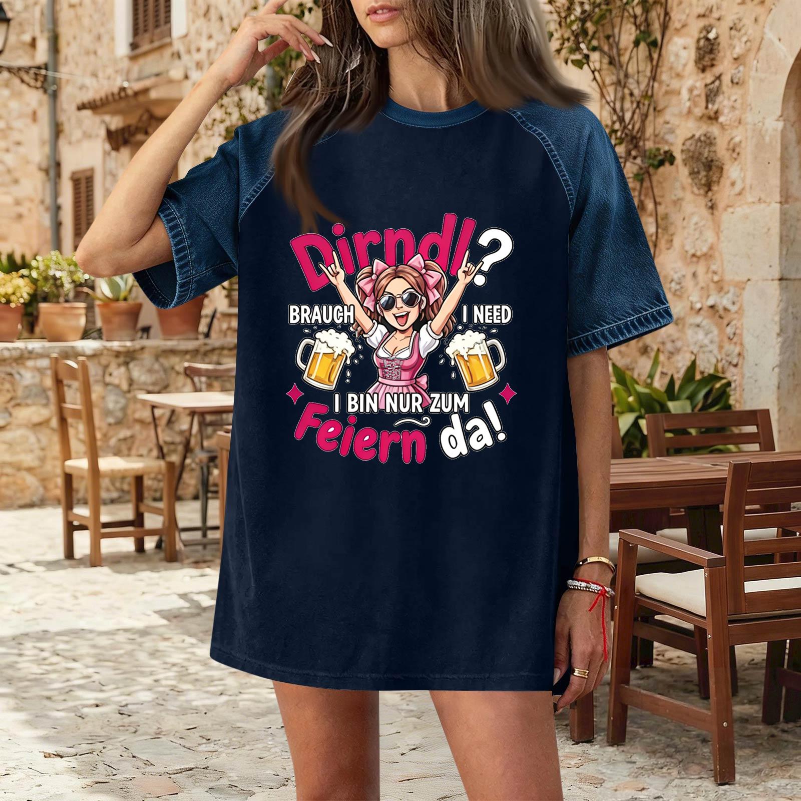 

Women s Casual Denim Patchwork Oktoberfest Print Short Sleeve T Shirt Comfortable Loose Fit Tee Top for Everyday Wear S тёмно-синий
