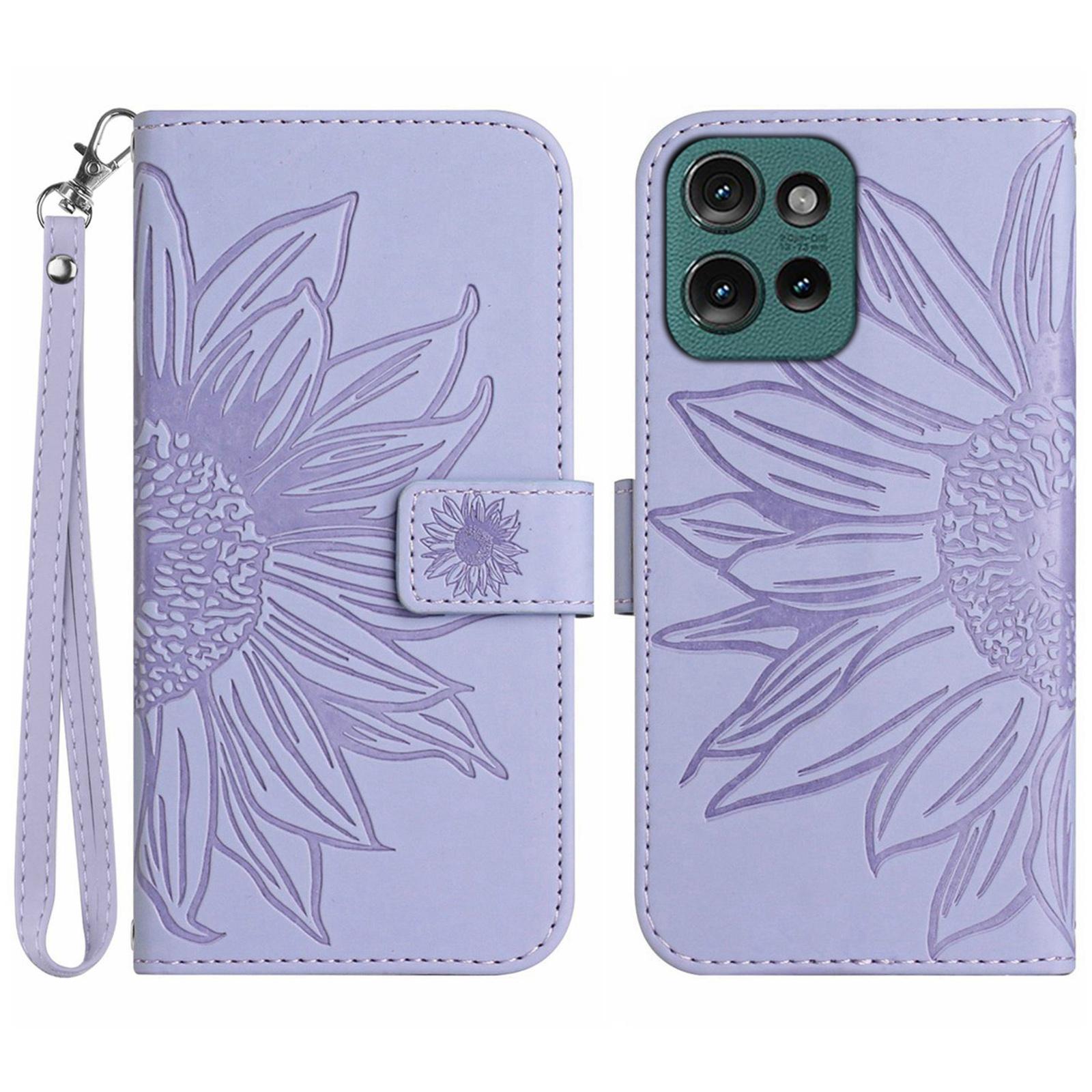 

HT04 For Motorola Moto G75 5G Case Sunflower Imprint Leather Wallet Phone Cover with Wrist Strap C