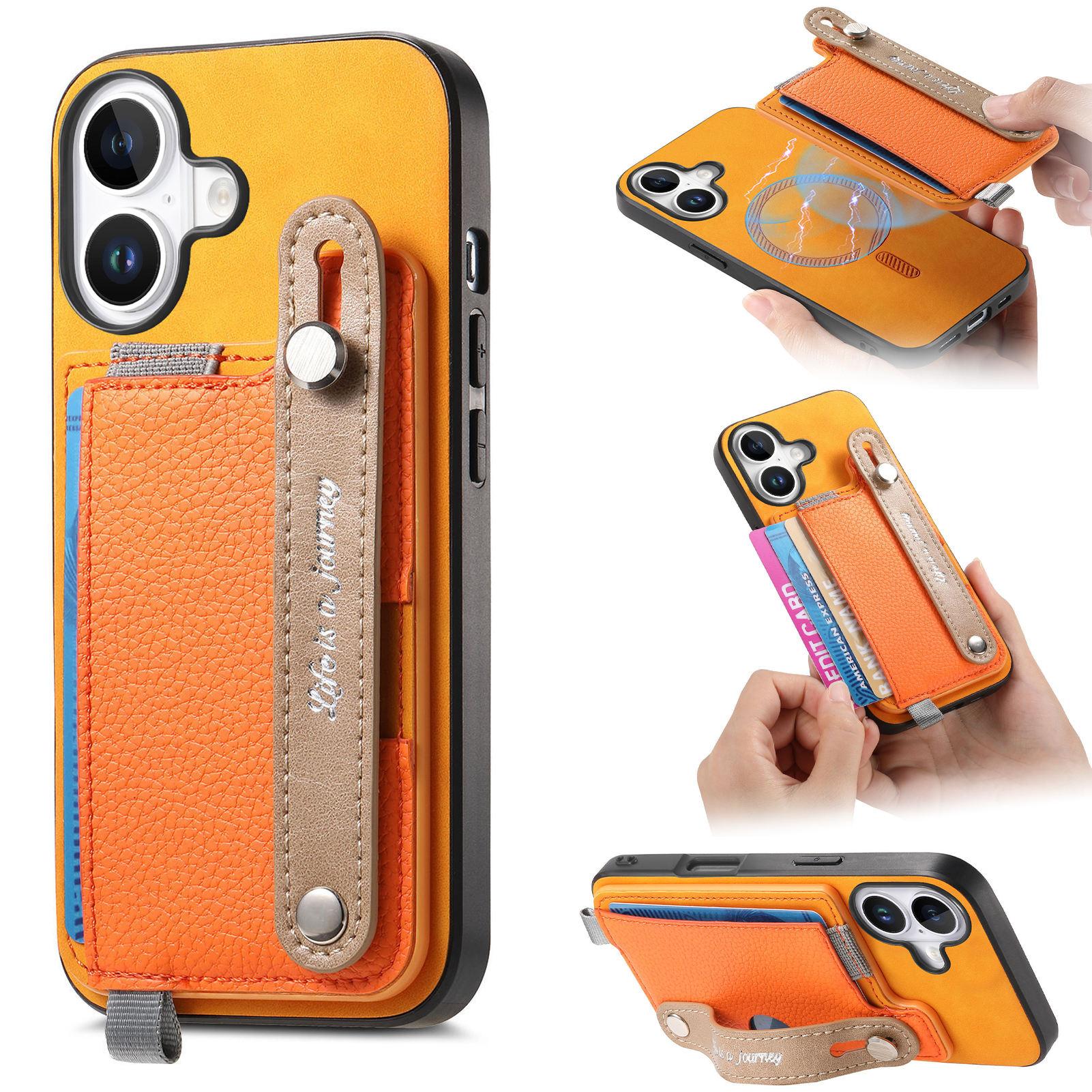 

For iPhone 16 Plus Magnetic Leather Back Case with Detachable Card Holder and Wristband Orange