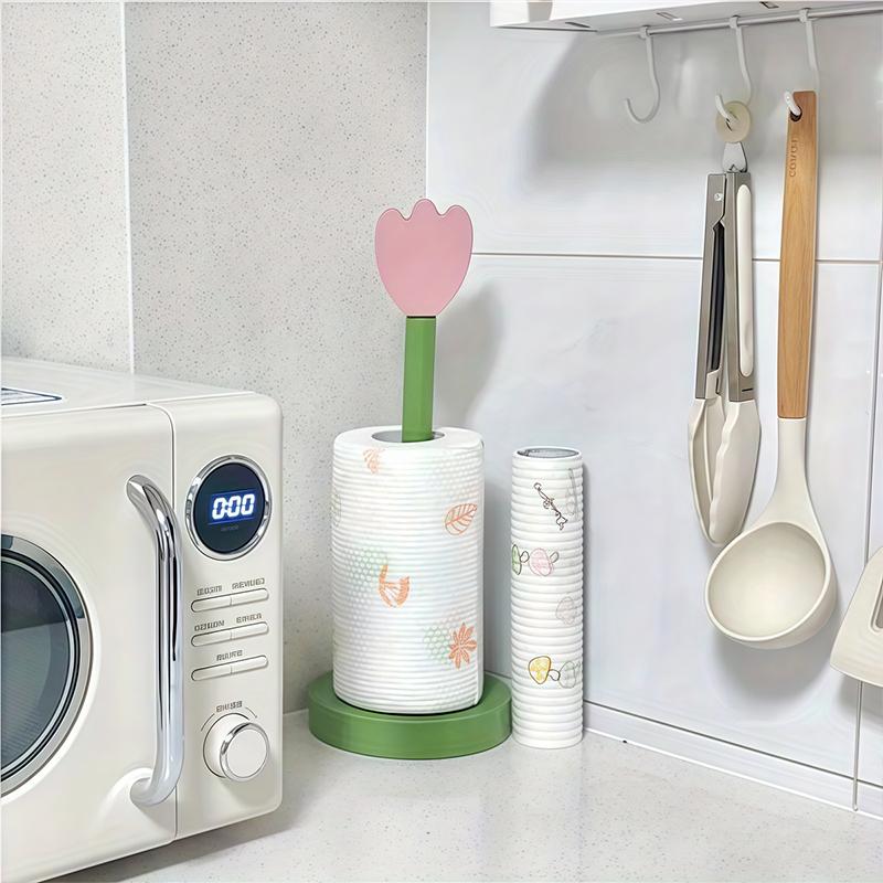 Wooden Tulip Flower Paper Towel Holder Stand Vertical Kitchen Roll Bathroom Tissue Storage Organizer Countertop Desk Decor
