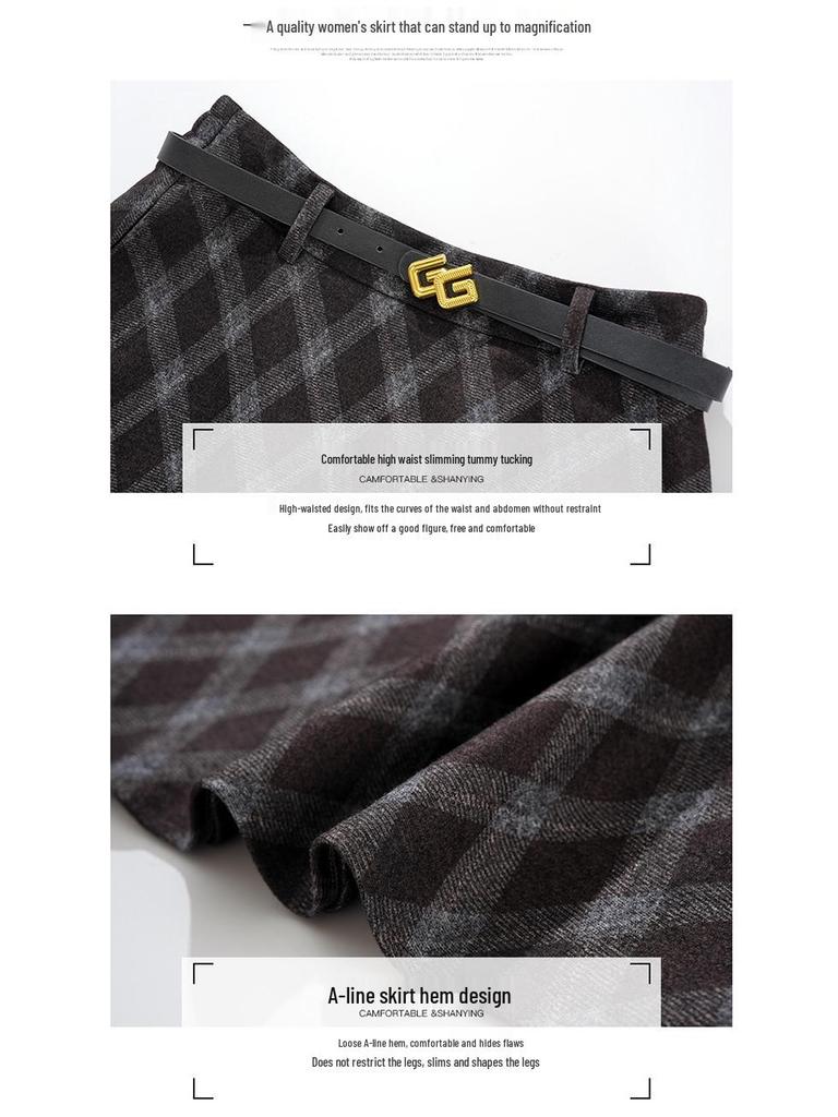 Women's High-Waist Woolen Plaid A-Line Skirt - Autumn/Winter 2025 Collection
