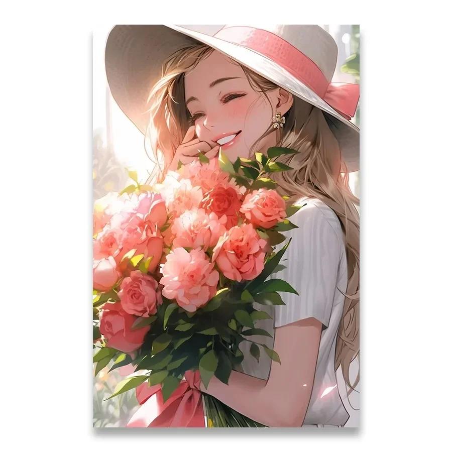A Girl Who Loves Flowers Decorative Painting Minimalist Aesthetics Print Canvas Painting for Living Room Modern Home Decor