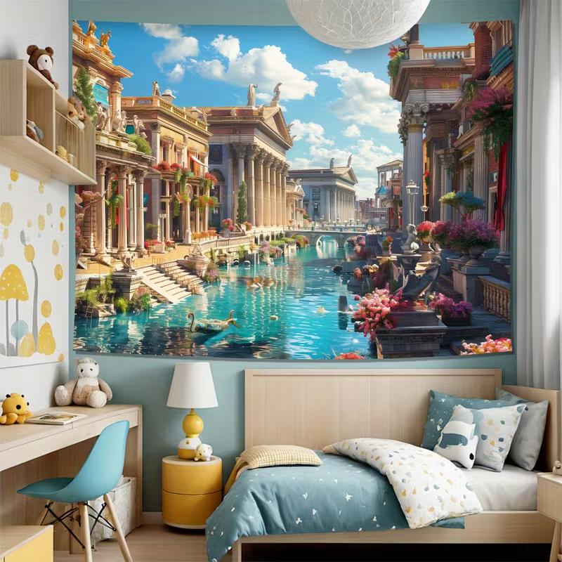 2D Fantasy Venice Style City Tapestry Ancient Roman Architecture with Water Canal Wall Decor Cloth for Home & Bedroom