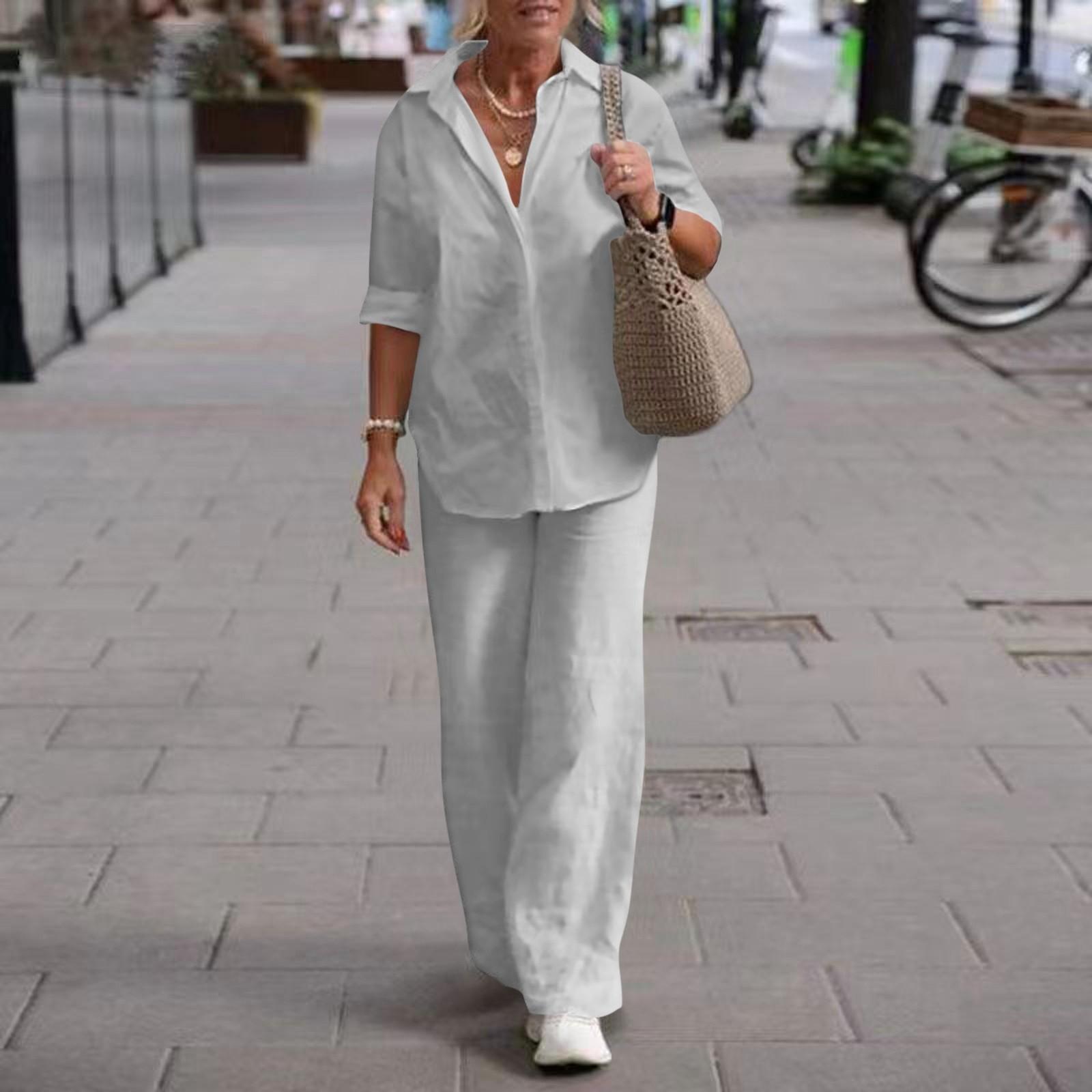 

Женская модная повседневная летняя однотонная рубашка с лацканами и длинными рукавами, эластичная талия, брюки с девятью точками, костюм из двух предметов S светло-серый