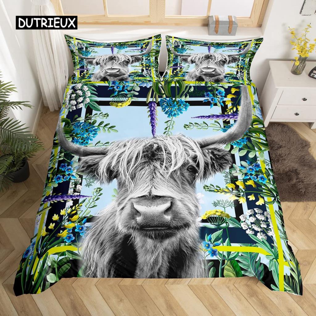 Kuh Bettbezug Set Twin King Size Bauernhoftier Bettwäsche Set Grüner Rankenblätter Druck Bettdeckenbezug Rustikale Holzbrett Steppdecke