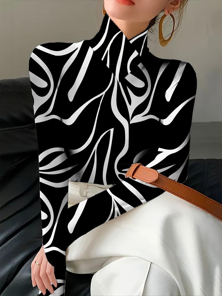 Women's zebra-patterned qipao collar slim-fit long-sleeve T-shirt, elegant long-sleeve base shirt for spring and autumn